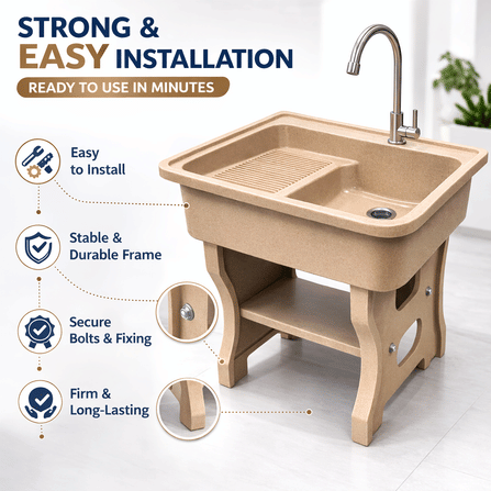 อ่างล้างจานขาตั้ง หินควอตซ์ 1 หลุม 1 ที่พัก DINOSAUR WASHTUB ขนาด 80X70X23ซม. สี SAND_6